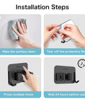 Installation steps for 4 Pack No Drill Self Adhesive Broom Mop Holder Wall Mount With Hooks showing cleaning, peeling, pressing, waiting.