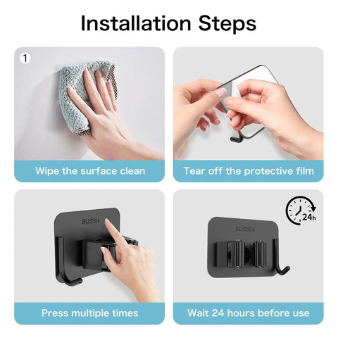 Installation steps for 4 Pack No Drill Self Adhesive Broom Mop Holder Wall Mount With Hooks showing cleaning, peeling, pressing, waiting.