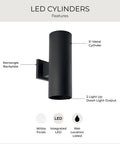 5 Inch Cylinder Outdoor LED Wall Sconce With 2 Lights Up And Down, Slick Aluminum Black Wall Mount Lighting diagram