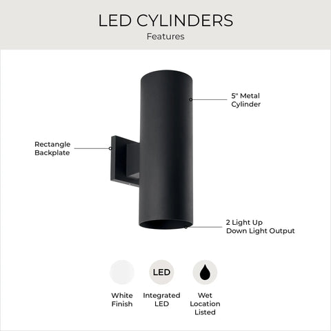 5 Inch Cylinder Outdoor LED Wall Sconce With 2 Lights Up And Down, Slick Aluminum Black Wall Mount Lighting diagram