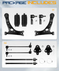 Front Suspension Kit For Toyota Matrix And Pontiac Vibe 2003 2004 2005 2006 2007 2008 Includes Front Lower Control Arm Ball Joint Inner Outer Tie Rod End Sway Bar Link Steering Boots 12 Piece Replacement Set displayed