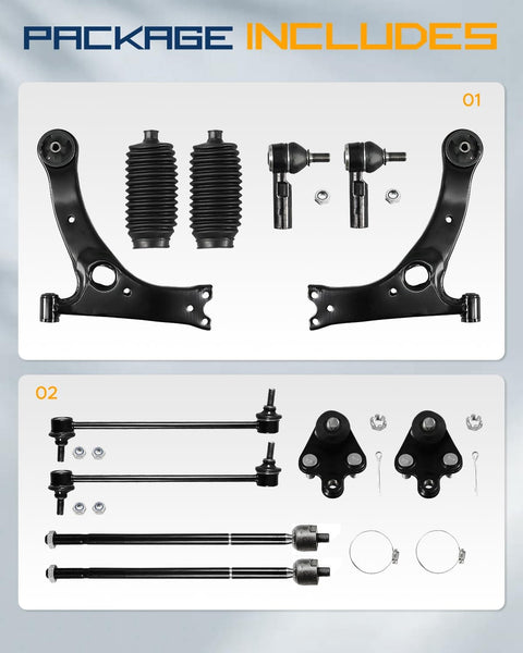 Front Suspension Kit For Toyota Matrix And Pontiac Vibe 2003 2004 2005 2006 2007 2008 Includes Front Lower Control Arm Ball Joint Inner Outer Tie Rod End Sway Bar Link Steering Boots 12 Piece Replacement Set displayed
