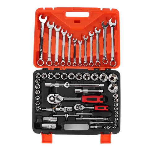 Must Have 61 Piece Socket Set With Ratchet Wrench Sleeve Heavy Duty Steel Auto Repair Tool Kit in open orange toolbox