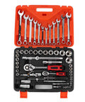 Must Have 61 Piece Socket Set With Ratchet Wrench Sleeve Heavy Duty Steel Auto Repair Tool Kit in open orange and black case