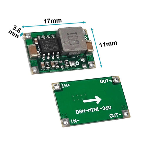Top and bottom view of Ten Pack Dope 3.3V Buck Converter Module From 5-24V Input To 3.3V Output, 1.5A DC-DC Regulator, 17x11x3mm.