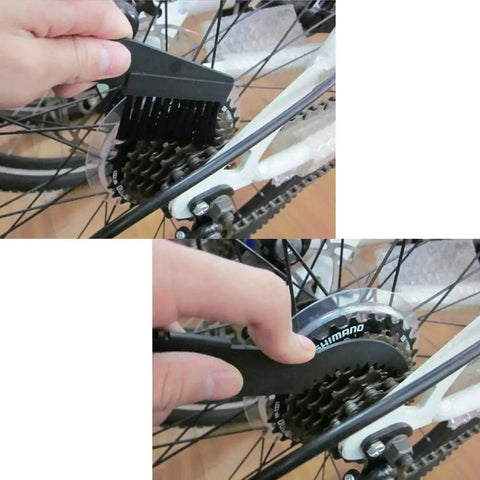 Bike Chain Cleaning Tool Set With Crankset Brush And Motorcycle Chain Cleaner Brushes in use on bicycle chain