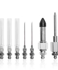 Seven Piece Grease Needle Accessory Kit With Five Nozzles One Grease Needle Dispenser And Rubber Fitting Adapter For Narrow Tight Spaces Pro Grade Auto Car Maintenance Tools Heavy Duty Carbon Steel Build, showing full set on display