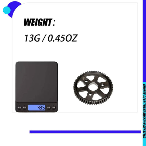54T Hard Steel Spur Main Gear For One Tenth Scale RC models, shown with weight of 13g, highlighting its CNC machined design.