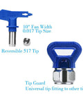 Close-up of reversible 517 spray tip and universal tip guard for Airless Spray Gun And 50ft Hose Kit With 8 Inch Extension Pole 517 Tip And Tip Guard 3600 PSI For Primers Stains Varnishes And Latex Coatings Ideal For Homeowners And DIYers.