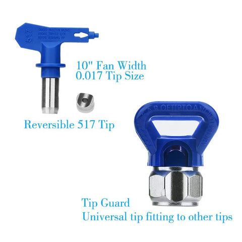 Close-up of reversible 517 spray tip and universal tip guard for Airless Spray Gun And 50ft Hose Kit With 8 Inch Extension Pole 517 Tip And Tip Guard 3600 PSI For Primers Stains Varnishes And Latex Coatings Ideal For Homeowners And DIYers.