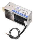 12 Volt DC Solenoid Electromagnet Push Pull Actuator Open Frame For Linear Motion 40N 10mm Stroke Must Have For Machinery, Vending Machines, Home Automation And Industrial Projects JF S1670DL open-frame metal solenoid with wire leads