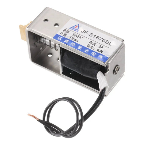12 Volt DC Solenoid Electromagnet Push Pull Actuator Open Frame For Linear Motion 40N 10mm Stroke Must Have For Machinery, Vending Machines, Home Automation And Industrial Projects JF S1670DL open-frame metal solenoid with wire leads