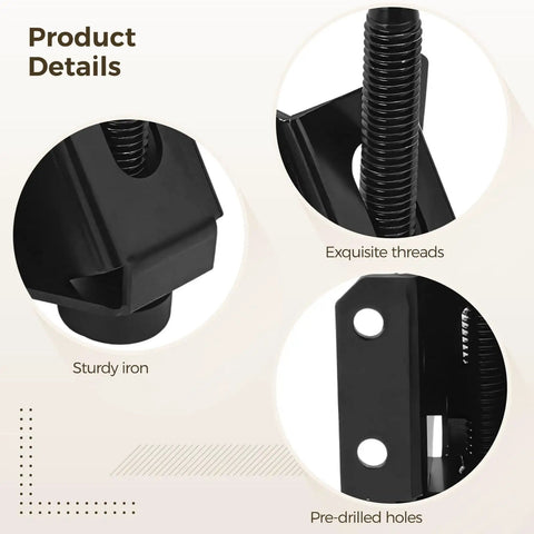 Close-up of Heavy Duty Adjustable Leveling Feet for Furniture, 0-2 Inch Height Range showing sturdy iron threads and pre-drilled holes.