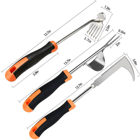 3 Pack Weed Puller Tool Set with stainless steel weeders and rubber handles, showing V shape weeder, five-teeth weeder, L shape remover.