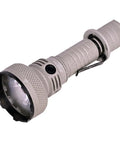 Hardcore L35 Tactical Flashlight 5000 Lumens With 480 Meter Throw Rechargeable LED, compact aluminum body, side view.