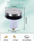 Plug And Play Toe Touch Bathtub Drain Stopper In Smooth Brushed Nickel For Quick Tub Swaps, showing dimensions 1.97in width, 2.23in height.