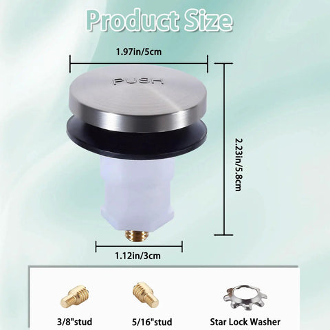 Plug And Play Toe Touch Bathtub Drain Stopper In Smooth Brushed Nickel For Quick Tub Swaps, showing dimensions 1.97in width, 2.23in height.
