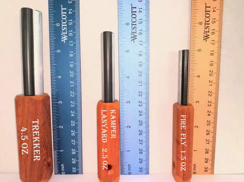 Three sizes of all weather survival fire starter with magnesium ferro rod and euro ferrocerium, shown with rulers for scale.