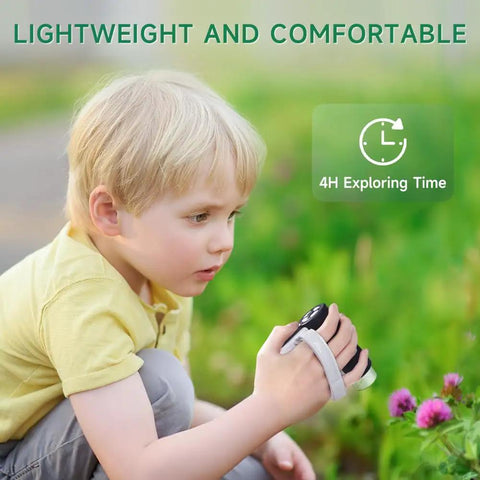 3 In 1 Handheld Microscope With 2 Inch LCD Screen 1000X Zoom For Kids Ages 8 To 12 Portable Mini Scope With LED Light Includes 32GB Card And 5 Sample Slides hand-held in use outdoors by child