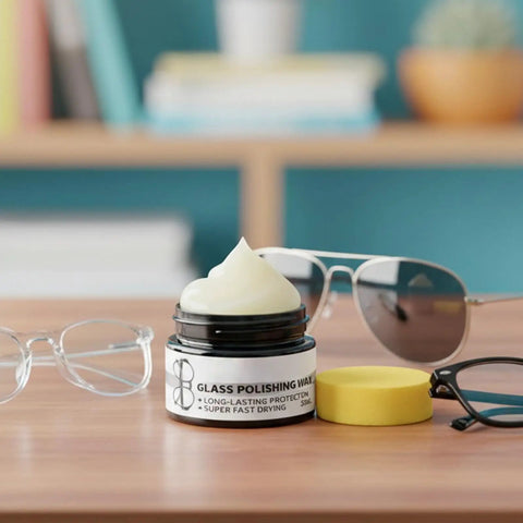 Scratch Remover Kit For Glasses And Screens Polishing Paste on table with eyeglasses and sunglasses nearby.