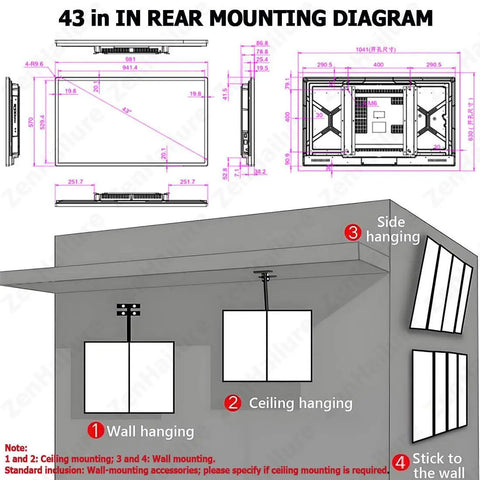 43 inch rear mounting diagram for Multi Size 4K Digital Signage Display With Anti Glare Tempered Glass Wall Mount.