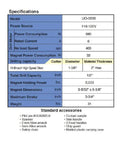 Specifications sheet for Heavy Duty Manual Feed Magnetic Drill Built Tough For Daily Job Site Grind With Solid Steel Magnet And Up To Two Inch Hole Capacity Featuring Quick Tool Free Cutter Swaps For HSS Annular Bits.