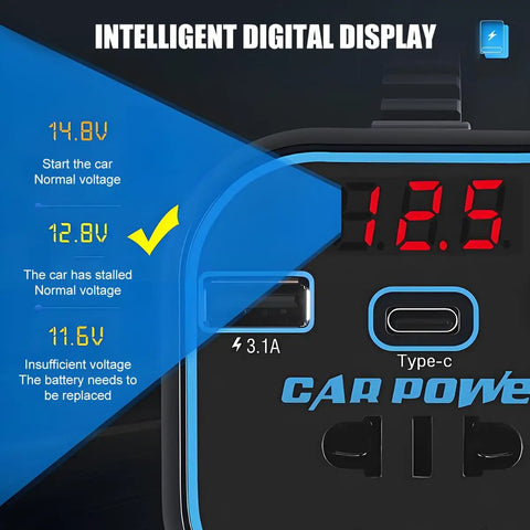 Beefy 150W Car Power Inverter 12V DC To 110V AC Converter with digital display showing voltage readings and USB ports.