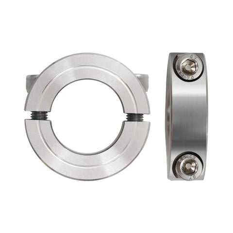 Front and side view of One Inch Bore Double Split Clamp On Shaft Collars Four Pack 304 Stainless Steel.