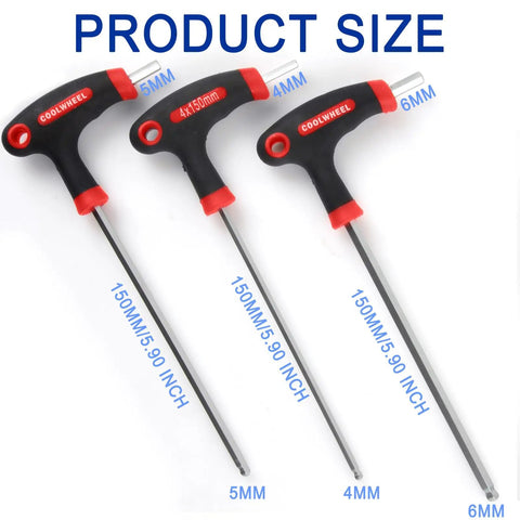 Bike Hex Allen Key Wrench Set 4 5 6mm T-Handle With Ball End For Pedals Handlebars And Disc Brakes displayed with size markings