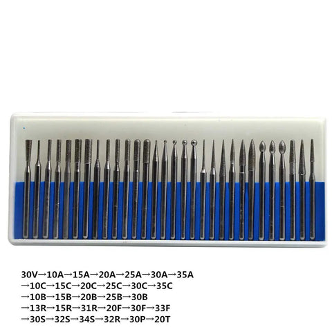 Thirty Piece Pro Grade Diamond Burr Bit Set With Ball Cone Cylinder Taper Flame Shapes For Grinding Sanding Deburring And Shaping