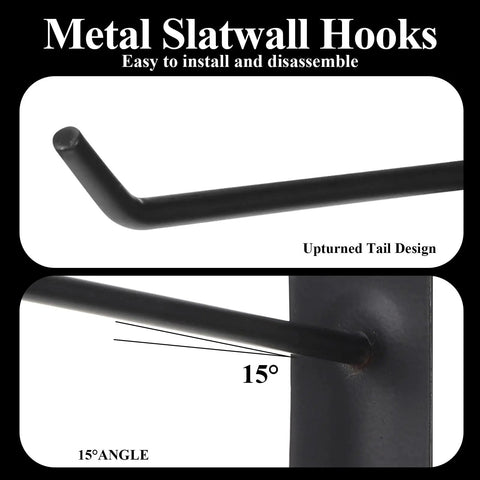 Close-up of 10 Pack 4 Inch J Shaped Slat Wall Hooks For Slatwall Panels, Heavy Duty Garage Shop Display Hooks, 15° angle.