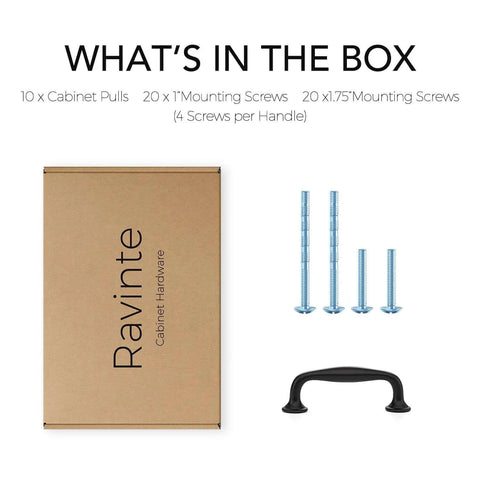 Modern Matte Black Cabinet Handles And Solid Pulls With 3 Inch Span Perfect For Kitchen Drawers Hella Sleek Design Easy Install Includes Hardware Upgrade Your Digs Today 10 Pack box contents with pulls and screws.