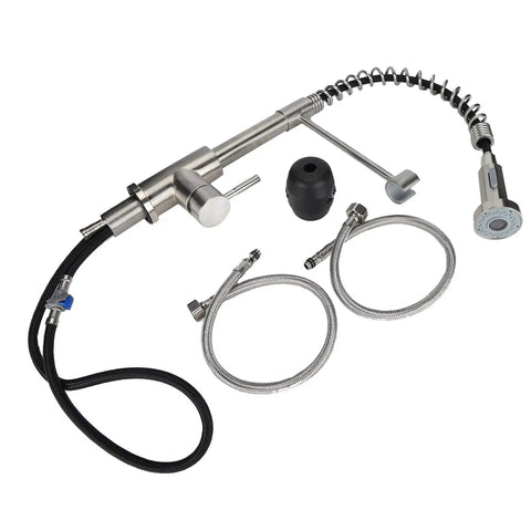 Maqulae 304 Stainless Steel Kitchen Faucet with Rotatable Gooseneck for parts, including nozzle, hoses, and handle components.