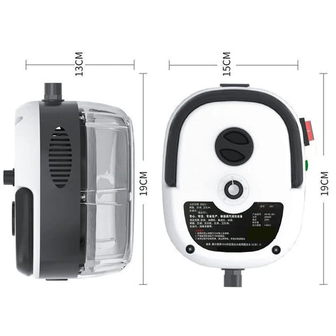 Handheld Steam Cleaner With Extended Nozzle, 2500W 3BAR High Pressure, device dimensions 13x19cm, shown from side and top view