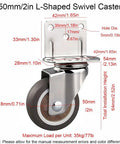 8 Pack L Bracket Side Mount Swivel Caster With Brake 2 Inch TPR Rubber Silent Furniture Wheels diagram with measurements