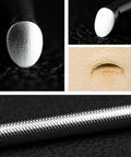 Close-up of Leather Beveling Set Pro Grade Three Piece Undercut Bevelers in stainless steel for DIY leather crafting use.