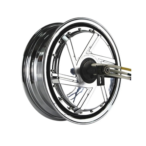 Badass High Torque Hub Motor For Electric Builds 13 Inch 72 V Drive Unit with chrome wheel hub and wiring visible