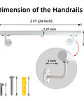 Built Like A Tank Two Foot White Steel Stair Railing With Heavy Duty Wall Mount Brackets dimensions showing 2 ft length and 5 inch height.