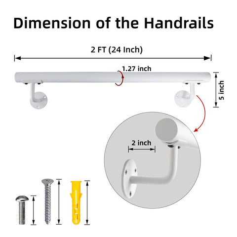 Built Like A Tank Two Foot White Steel Stair Railing With Heavy Duty Wall Mount Brackets dimensions showing 2 ft length and 5 inch height.