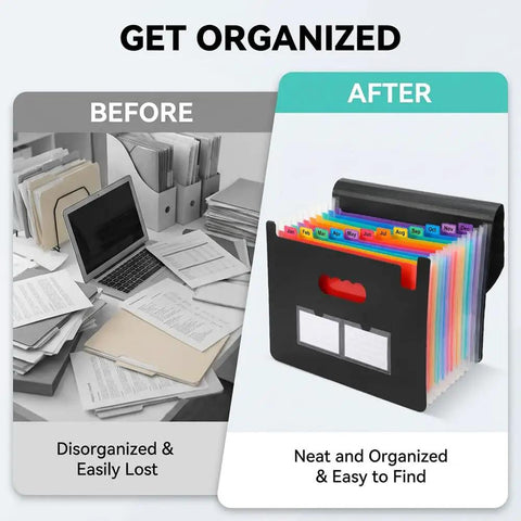 Before and after using 13 Pocket Expanding Accordion File Organizer With 6 Section Dividers For A4 And Letter Sized Documents