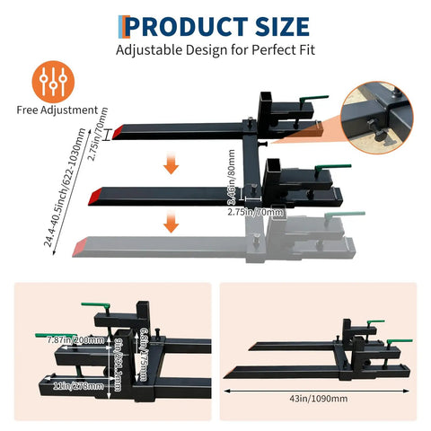 Diagram showing 43 Inch Clamp On Pallet Forks For Tractor Bucket in adjustable positions, with labeled measurements and stabilizer bar.