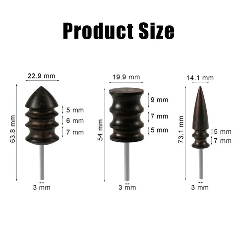 Three Piece Leather Burnisher Bits Set For Rotary Tools With Three Styles Edge Burnishers, shown with sizes in mm