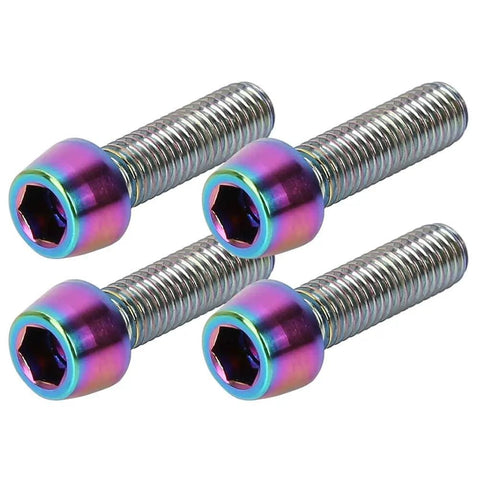 Colorful titanium alloy M5 x 18mm bike bolts, 4 pack, high strength anti corrosion hex screws for stems, seatposts, handlebars.