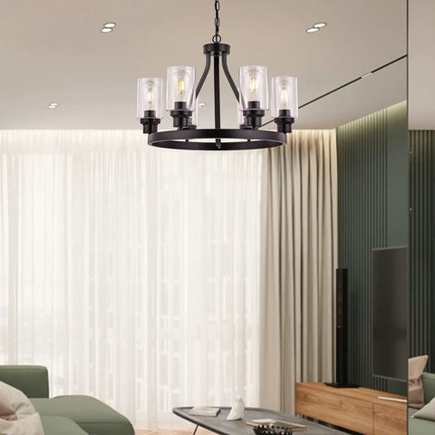 Farmhouse Chandelier For Dining Room Black Pendant Light 6-Light Round Rustic Ceiling Fixture With Glass Globes