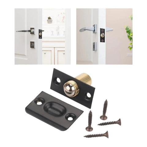 12 Piece Door Ball Catch Latch Kit Featuring Solid Copper And Stainless Steel Construction For Hidden Cabinet Toilet Bathroom Cupboard Lock Hardware With Adjustable Elastic Clamp Mechanism You Know It Fits Like A Charm showing metal latch components, screws, and door handle installation.