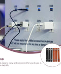 Slick Six Piece Leather Cord Organizer Set With Secure Press Button Closure showing leather cord sleeves and USB connections.