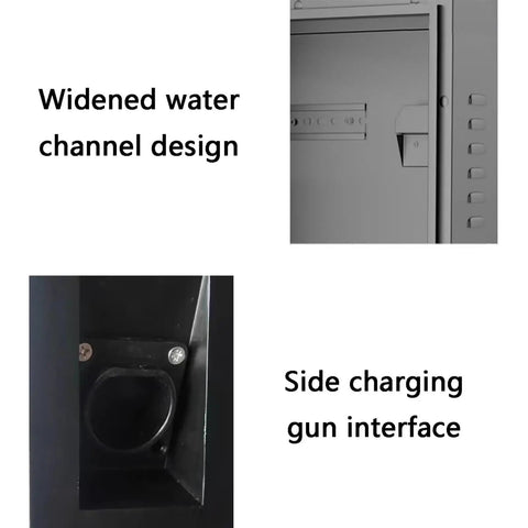 Heavy Duty Galvanized Steel EV Charger Wall Mount Enclosure Weatherproof Protective Cover with widened water channel design and side charging gun interface.