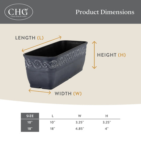 Rectangular Planter Box With Drain Plug For Indoor And Outdoor Use Perfect For Succulents And Cacti Lightweight Resin Trough Planter In Storm Gray Ten Inch Pack Of 1, shown with product dimensions.