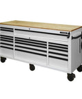 Badass Quality Rolling Workbench With 18 Locking Drawers And Adjustable Height Solid Wood Tops All Welded Steel Shop Organizer Built Hardcore For Home Workshop Crew And Pro Mechanics side view with wooden top and wheels
