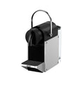 Front view of Pixie Aluminum Espresso Machine For Capsule Coffee Lovers, Compact DeLonghi Brewer, black and silver aluminum body.